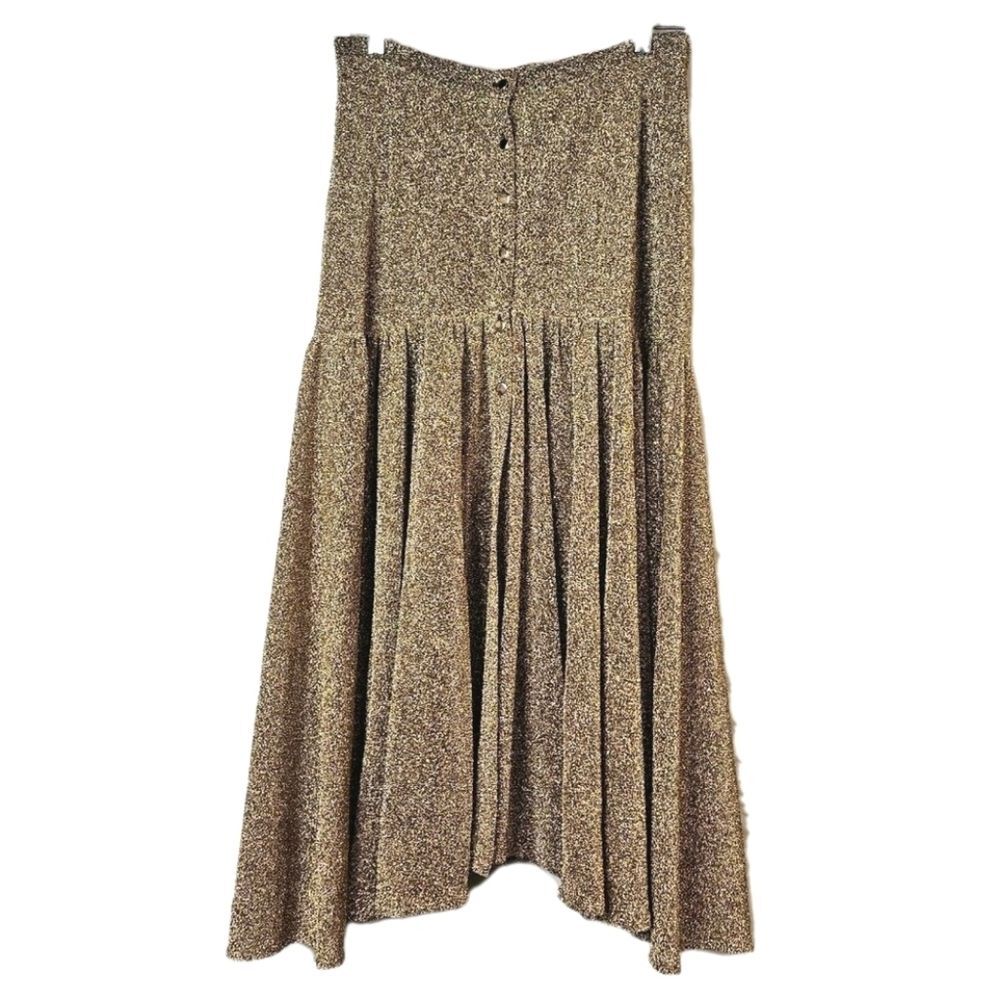 LUCE Asymmetrical Gold Metallic Button Front Center Split Drop Waist Full Skirt